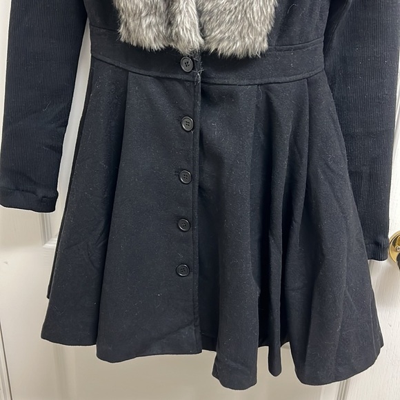 Black Pea Coat with Faux Fur Trim | Size S - Picture 3 of 6